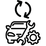 Illustration d’une voiture et d'outils mécaniques avec un symbole de renouvellement, représentant la contre-visite après un contrôle technique.
