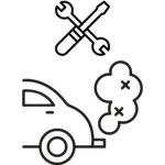 Dessin d’une voiture émettant de la fumée avec des croix, symbolisant le contrôle anti-pollution et la vérification des émissions polluantes.