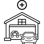 Symbole d’une voiture dans un garage avec des éléments supplémentaires, illustrant une visite complémentaire pour des contrôles techniques additionnels.
