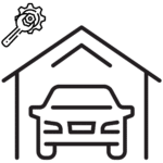 Représentation d’une voiture stationnée dans un garage, illustrant un contrôle technique périodique pour les véhicules légers et utilitaires.